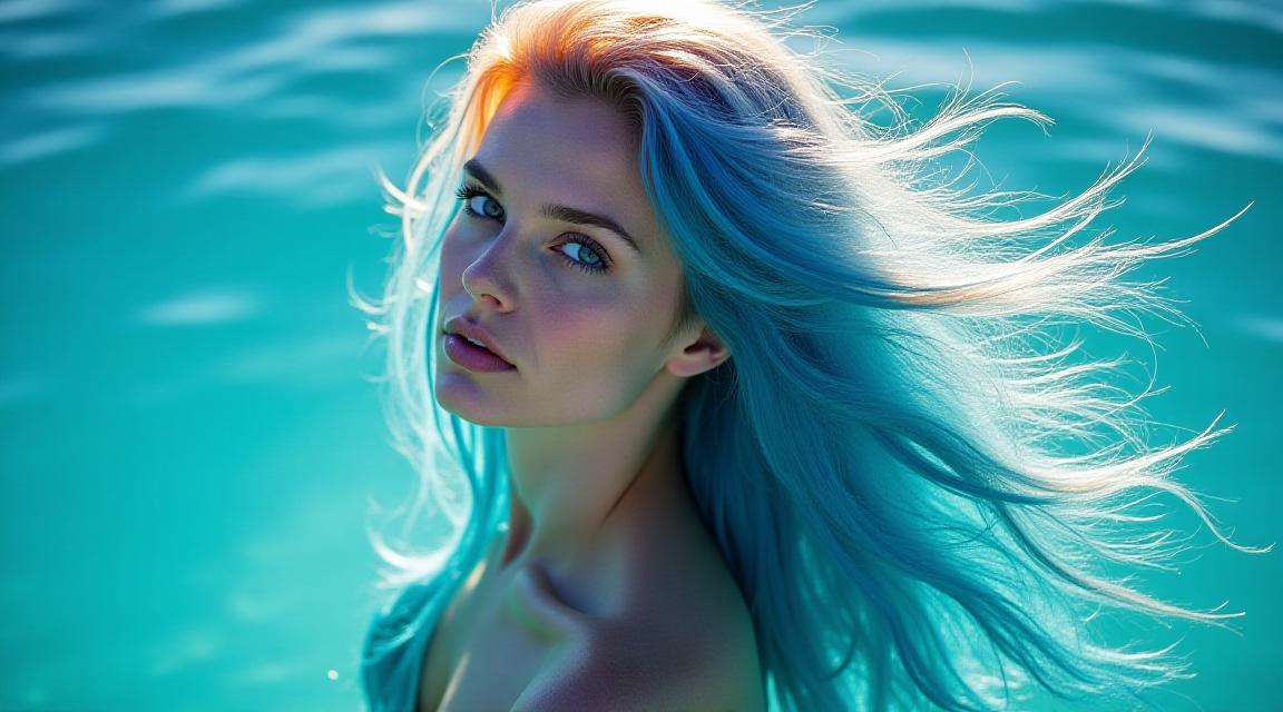 Modelo con cabello azul vibrante inspirado en el océano