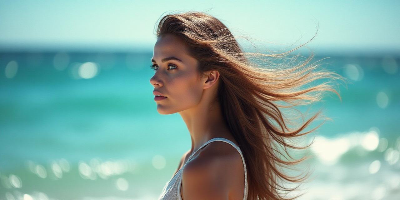 Modelo con cabello fluido ondulado en un entorno artístico marino