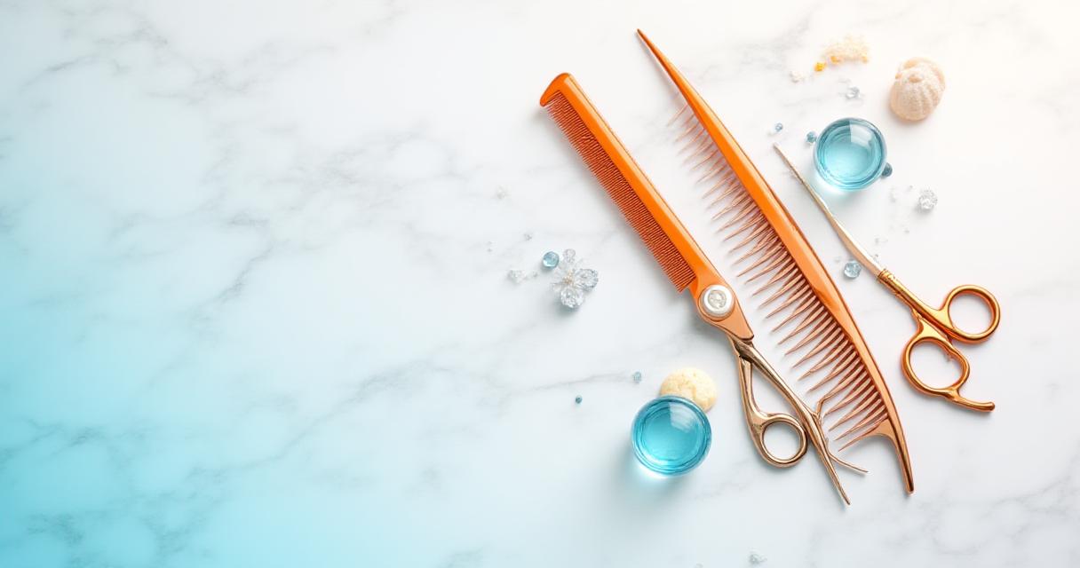 Primer plano de herramientas de peluquería sobre una superficie de mármol con texturas marinas